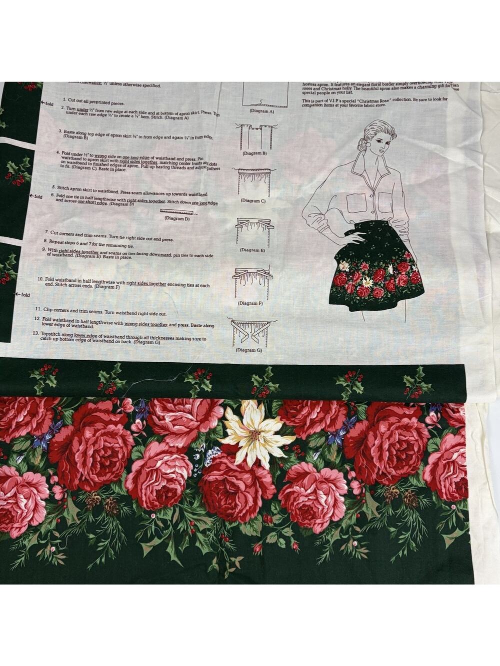 Vtg VIP Christmas Rose Apron Cut & Sew Fabric Panel Floral Holly Holiday Green